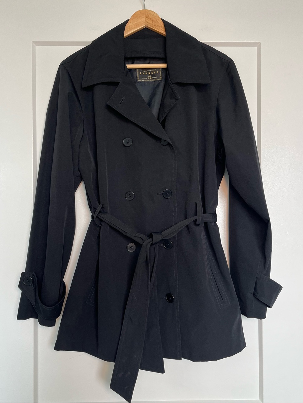 Vintage Inspired Express Black Trench Coat Belted Double Breasted Jacket